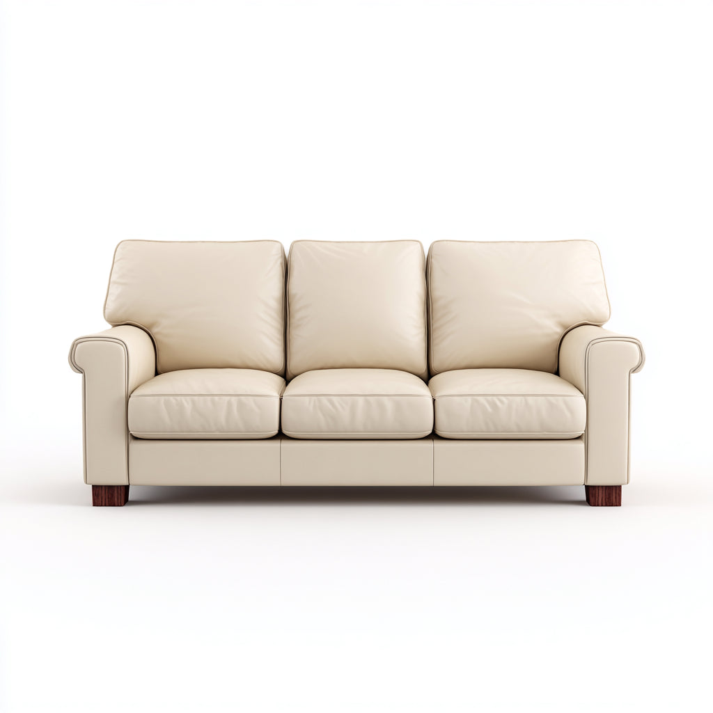 Sofá lineal de 3 plazas en cuero sintético - 200x85x90 cm - color crema - diseño contemporáneo - uso en salón