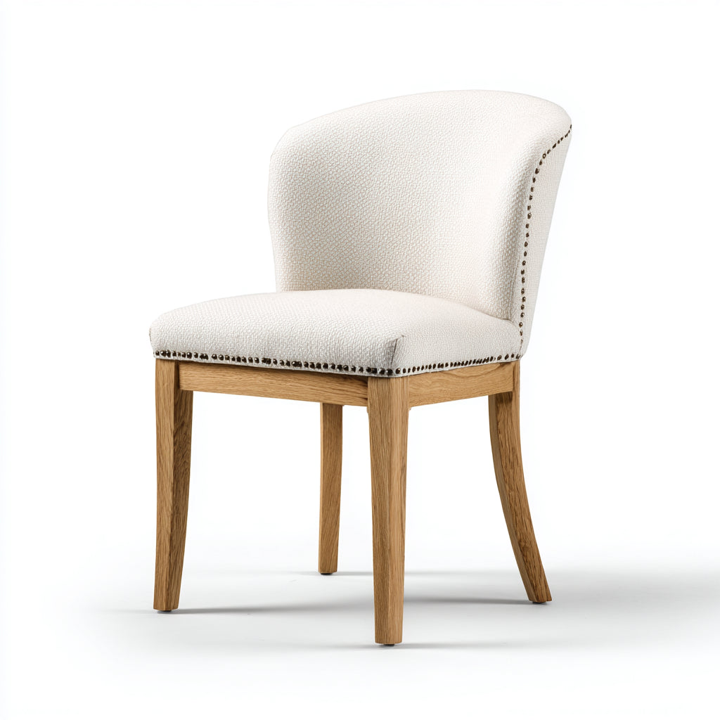 Silla de comedor tapizada en lino 50x57x86 cm - blanco roto y madera natural - diseño clásico con tachuelas para comedor