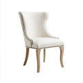 Silla de comedor tapizada en lino blanco con patas de madera curvada 52x62x98 cm - detalles de tachuelas metálicas - estilo clásico elegante para comedor