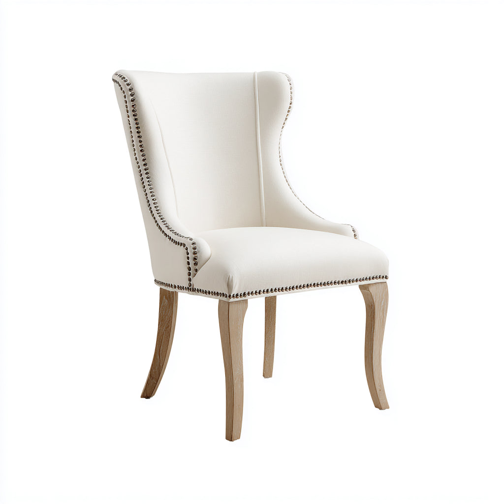 Silla de comedor tapizada en lino blanco con patas de madera curvada 52x62x98 cm - detalles de tachuelas metálicas - estilo clásico elegante para comedor