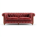 Sofá lineal de 3 plazas en cuero auténtico - 210x90x85 cm - color rojo burdeos - estilo clásico Chesterfield - uso en salón