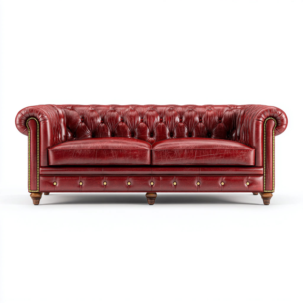 Sofá lineal de 3 plazas en cuero auténtico - 210x90x85 cm - color rojo burdeos - estilo clásico Chesterfield - uso en salón