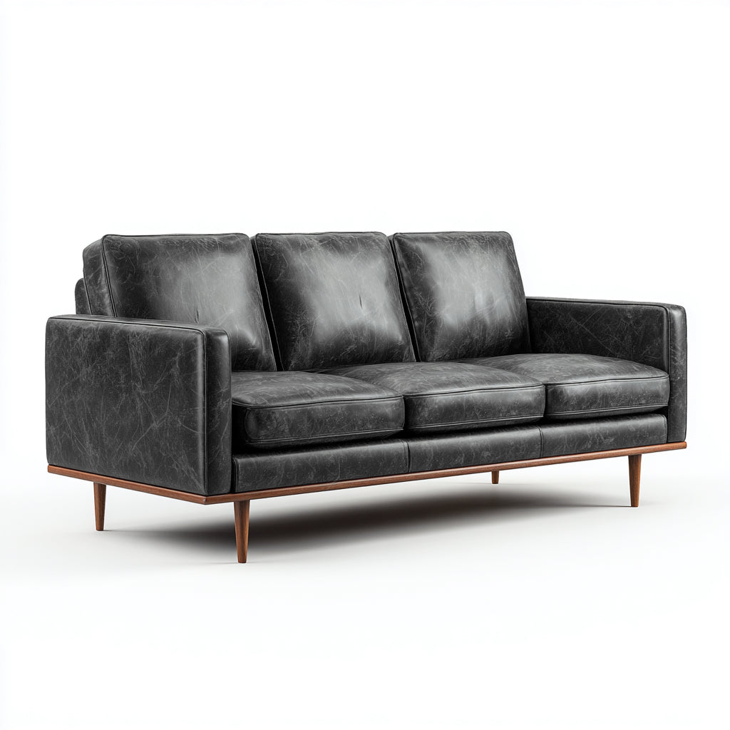 Sofá lineal de 3 plazas en cuero auténtico - 210x88x85 cm - color gris oscuro - diseño moderno - uso en salón
