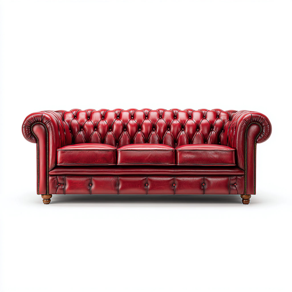 Sofá lineal de 3 plazas en cuero auténtico - 210x90x85 cm - color rojo burdeos - estilo clásico Chesterfield - uso en salón