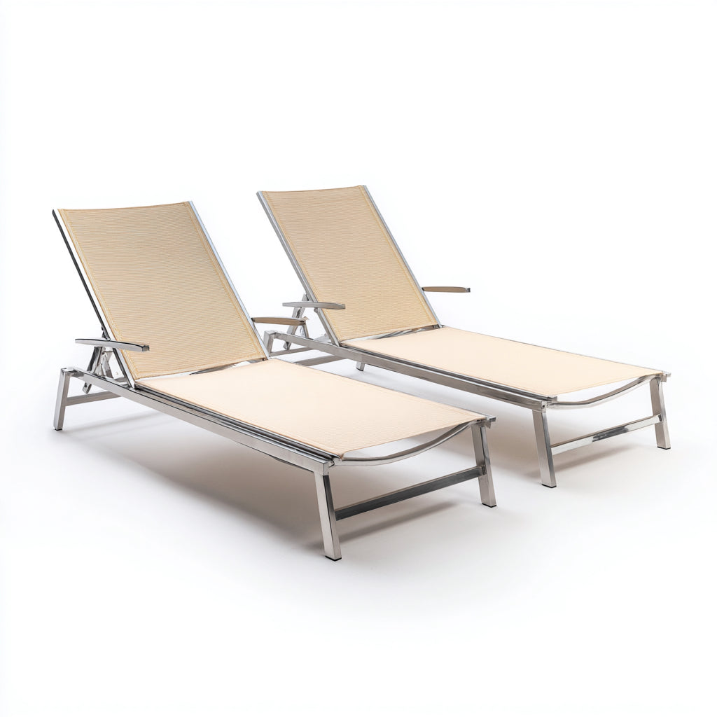 Tumbonas de jardín de estructura metálica y textilene 193x60x88 cm beige-plata para exterior - estilo moderno