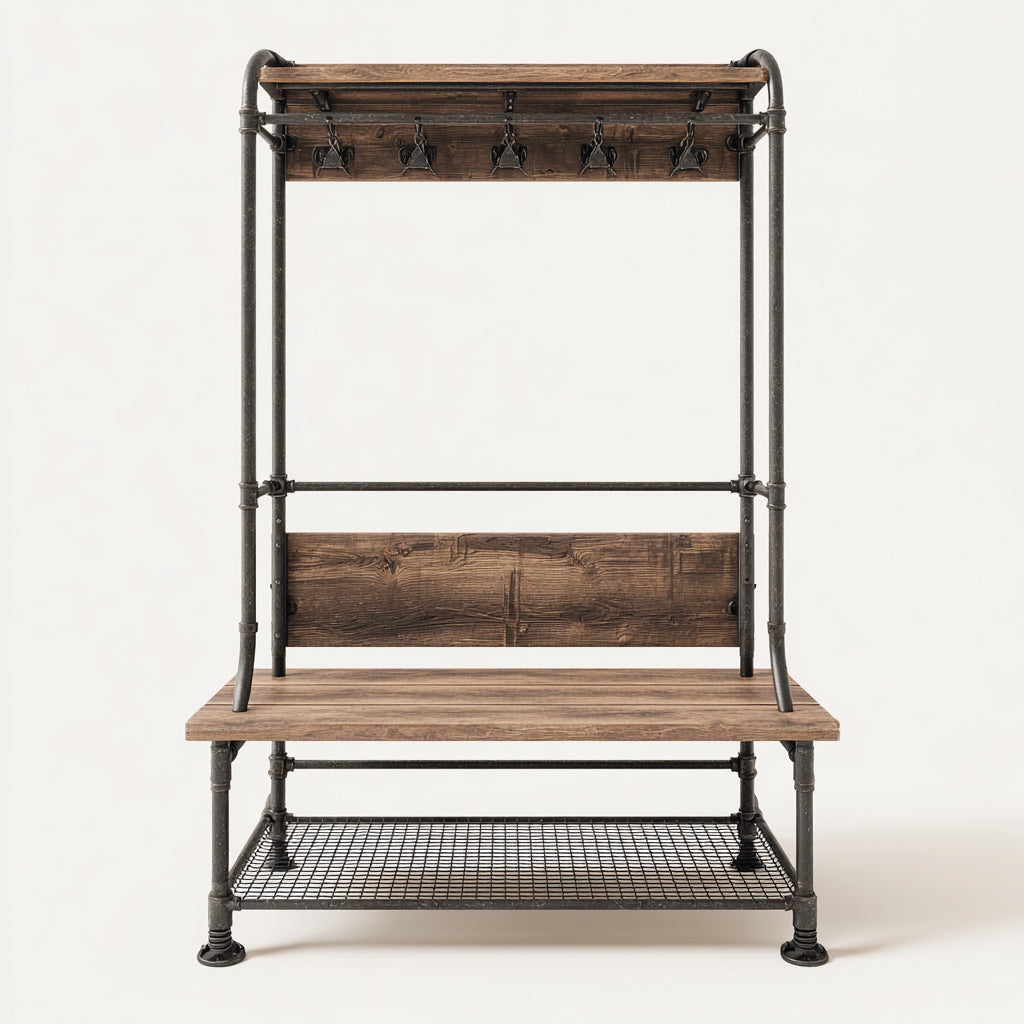 Perchero industrial metal y madera 100x40x180 cm - negro-madera - diseño industrial