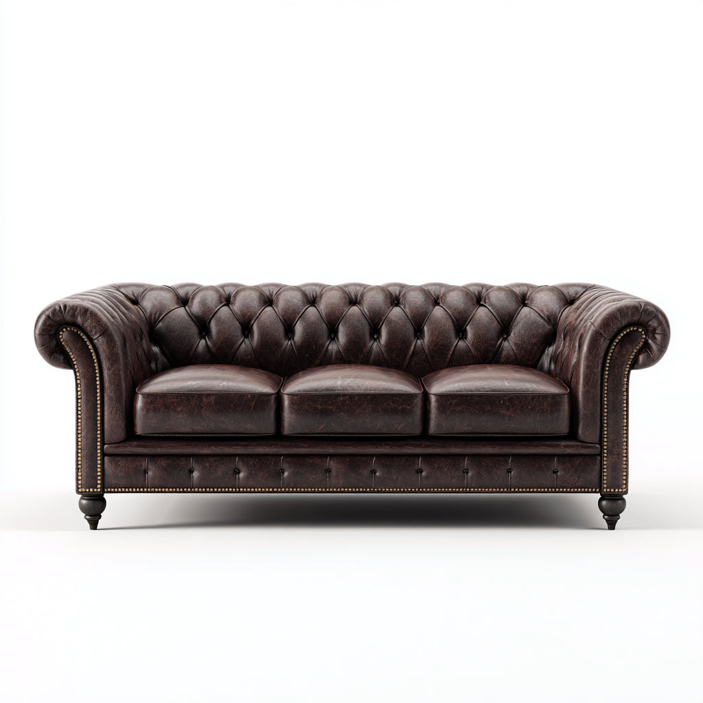 Sofá lineal de cuero marrón oscuro 210x90x75 cm - para salón - estilo clásico Chesterfield