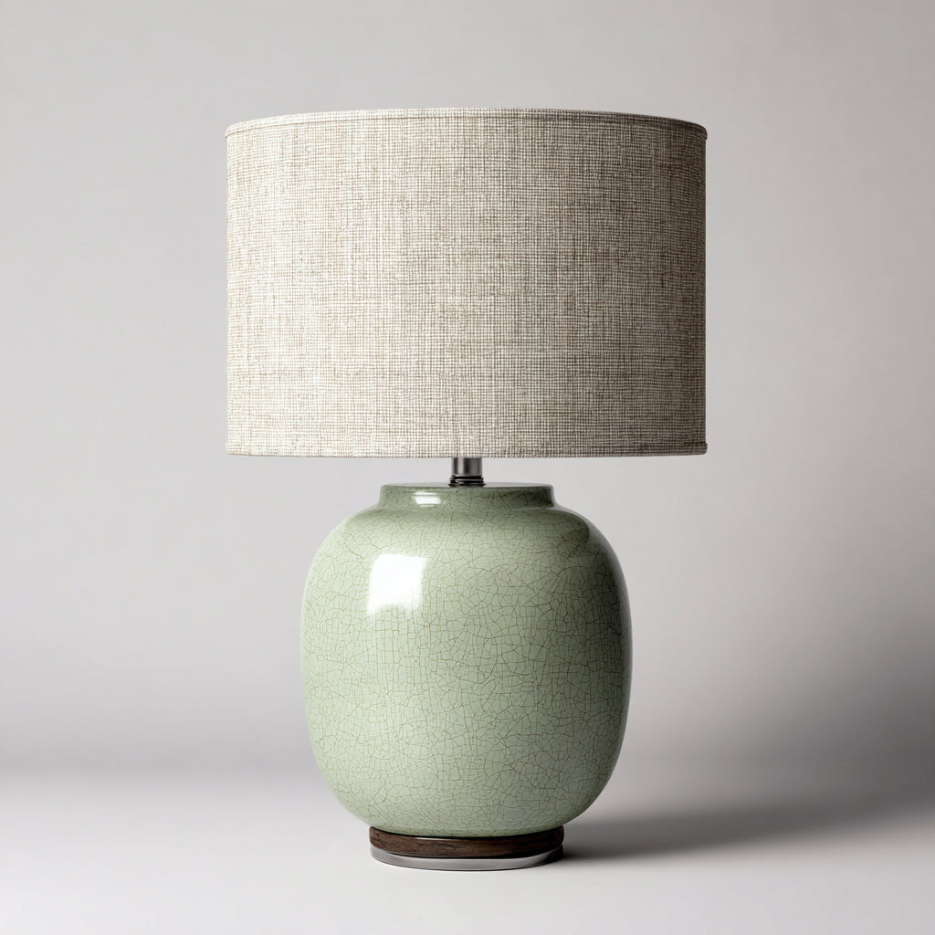 Lámpara de mesa cerámica - madera 28x28x46 cm - verde claro - beige - adecuada para salón - dormitorio - diseño decorativo