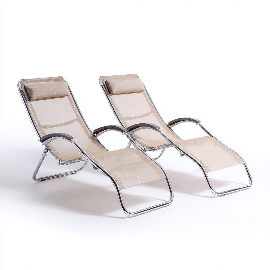 Tumbonas de jardín de estructura metálica y textilene 186x61x90 cm beige-plata para exterior - estilo moderno